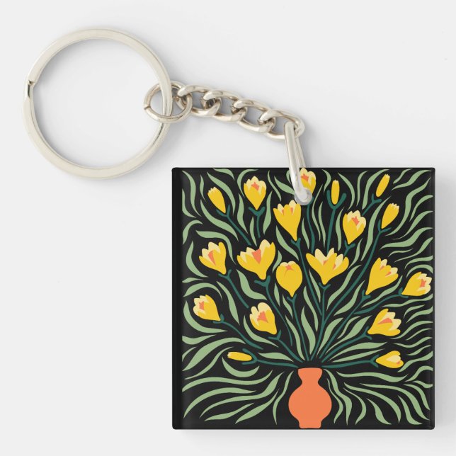 Green & Orange Modern Abstract Floral Keychain (Front)