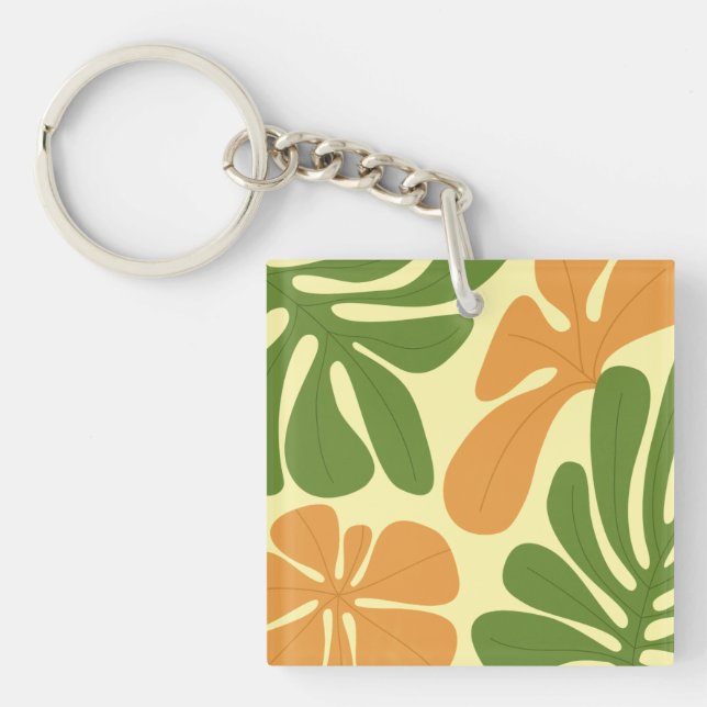 Green & Orange Modern Abstract Floral Keychain (Front)