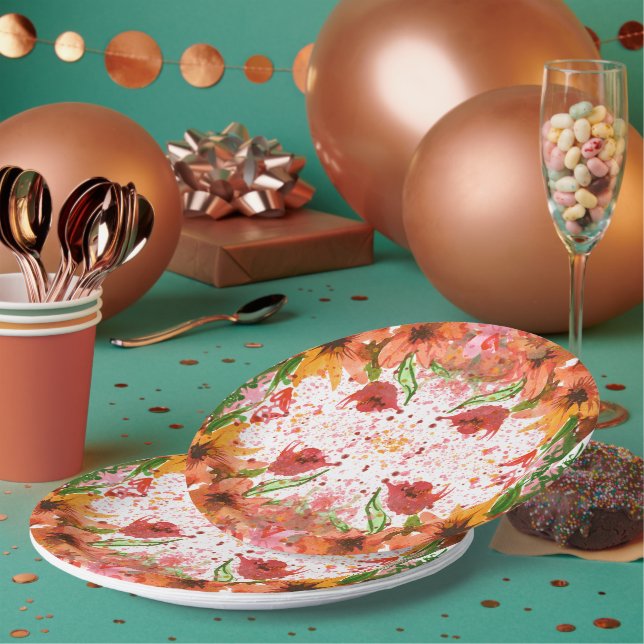 Green & Orange Modern Abstract Floral Paper Plates (Multi)