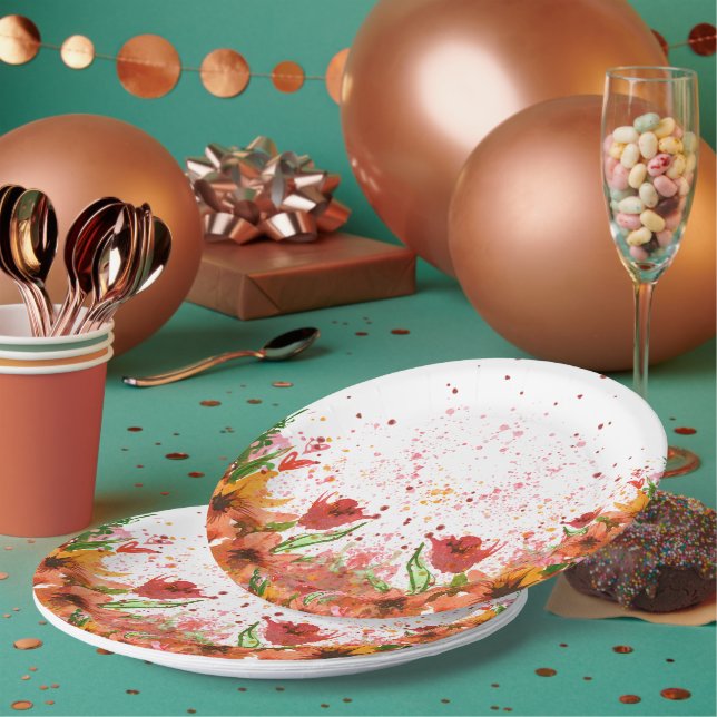 Green & Orange Modern Abstract Floral Paper Plates (Multi)