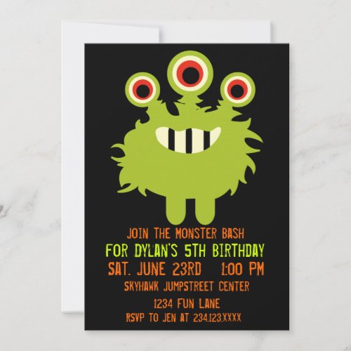 Green Orange Monster Birthday Party Invitations