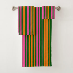 Green Orange Pink Vertical Stripes Design Bath Towel Set