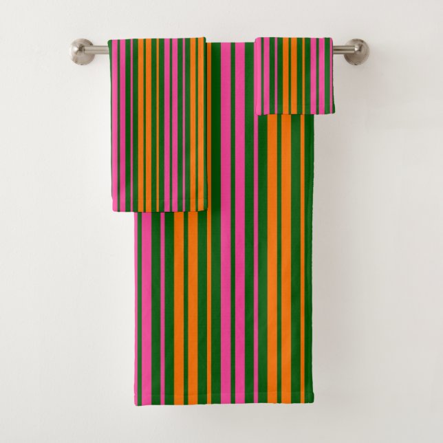Green Orange Pink Vertical Stripes Design   Bath Towel Set (Insitu)