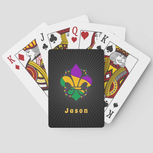Green Orange Purple Fleur de Lis Mardi Gras & Name Poker Cards (Back)