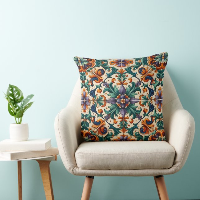 Green Orange Purple Portuguese Azulejos Tiles Art Throw Pillow (Chair)