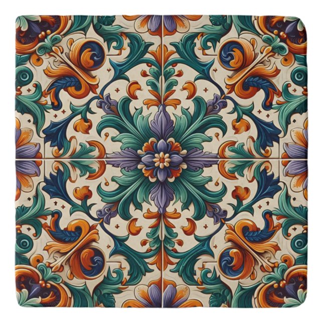Green Orange Purple Portuguese Azulejos Tiles Art Trivet (Front)