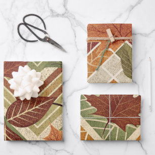 GREEN ORANGE RED FALL ZIG ZAG WITH AUTUMN LEAVES WRAPPING PAPER SHEETS