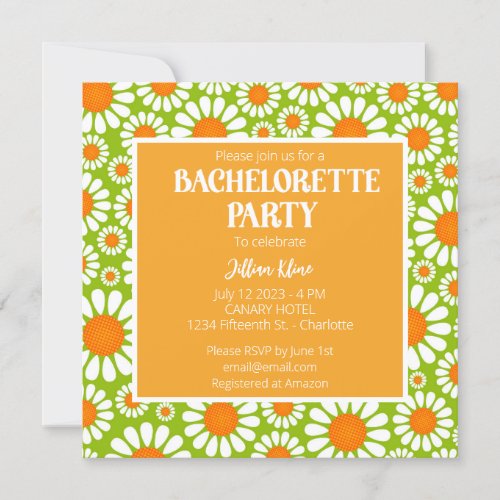 Green Orange Retro Daisy Bachelorette Itinerary Invitation