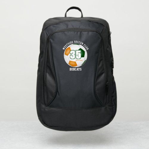 green orange soccer ball with player team name port authority backpack