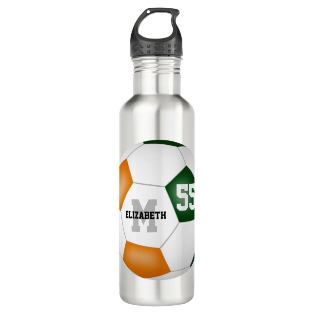 green orange soccer girl boy school team colors stainless steel water bottle (Front)