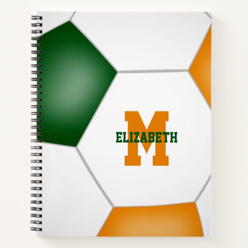green orange soccer team colors monogrammed notebook