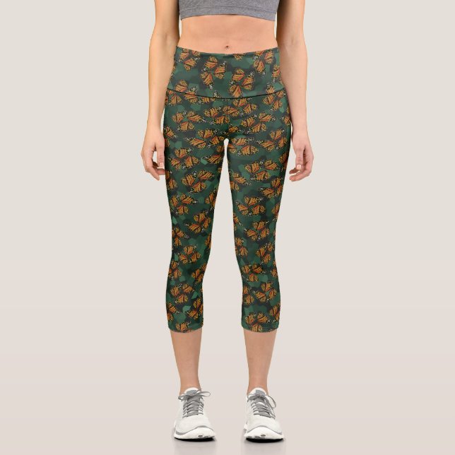 Green Orange Stained Glass Monarch Wings Camo Capri Leggings (Front)