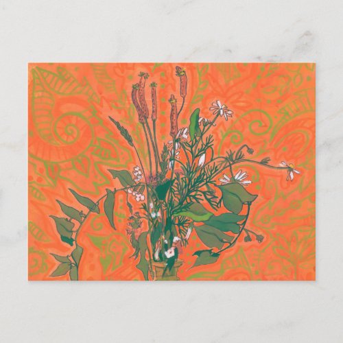 Green & Orange  Summer Wildflowers Floral Painting Postcard
