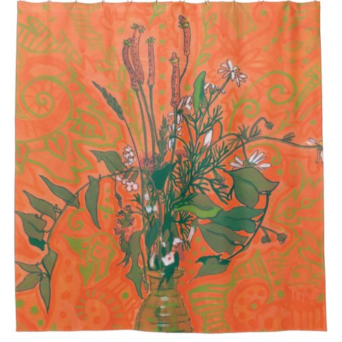 Green  Orange  Summer Wildflowers Floral Painting Shower Curtain