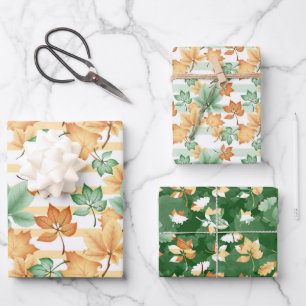 GREEN ORANGE TAN FALL AUTUMN LEAVES WRAPPING PAPER SHEETS