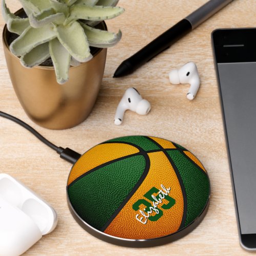 green orange team colors girls boys basketball wireless charger 