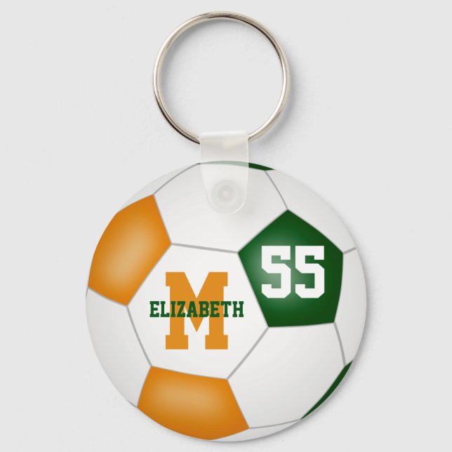 green orange team colors girls boys soccer ball keychain (Front)