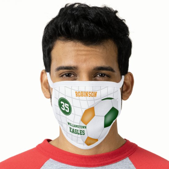 green orange team colors player name soccer face mask
