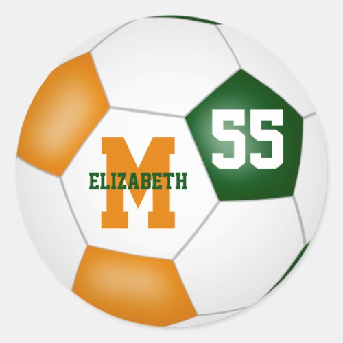 green orange team colors soccer ball personalized classic round sticker