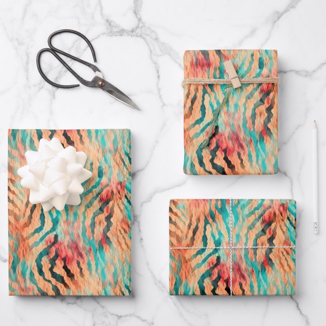 Green & Orange Tiger Stripes Wrapping Paper Sheets (Front)