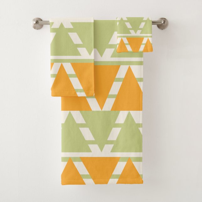 Green Orange Triangle Stripes Pattern Bath Towel Set (Insitu)