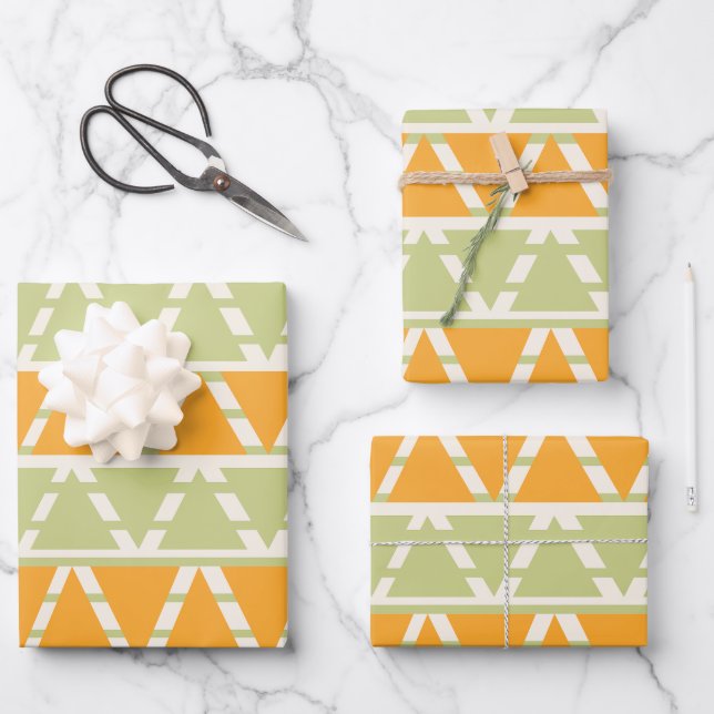 Green Orange Triangle Stripes  Wrapping Paper Sheets (Front)