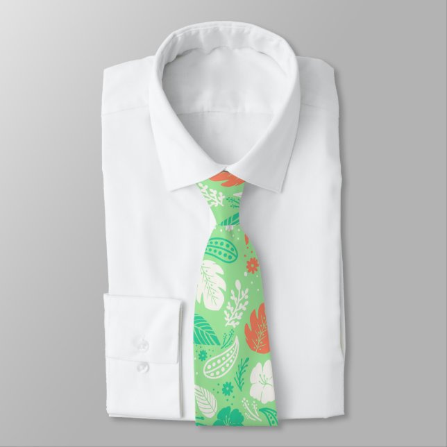 Green & Orange Tropical Foliage Pattern Neck Tie (Tied)