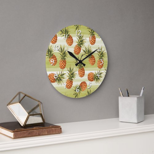 Green Orange Tropical Pineapple Fruit Pattern Large Clock