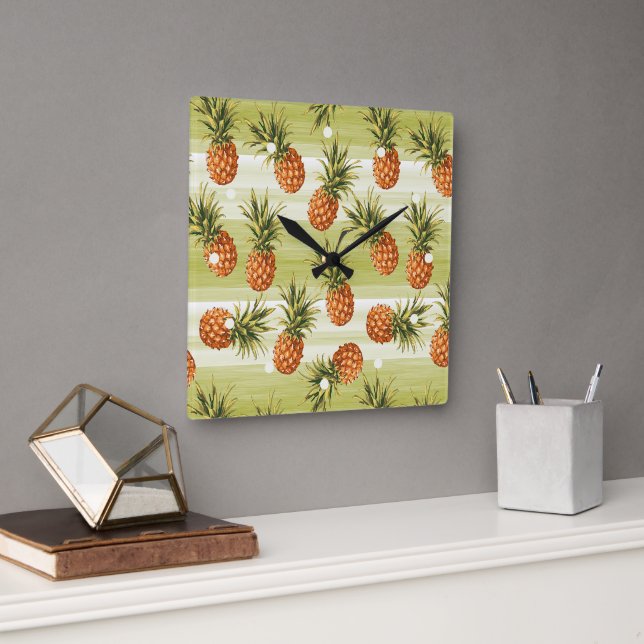 Green Orange Tropical Pineapple Fruit Pattern Square Wall Clock (Office)