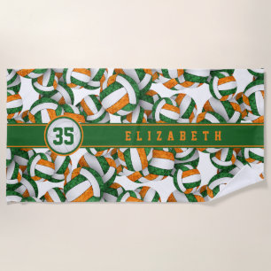 Green orange volleyball pattern her jersey number  beach towel