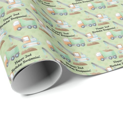 Green Orange Watercolor Crane Dump Truck Text Name Wrapping Paper