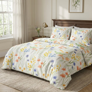 Green Orange Watercolor Wildflower  Duvet Cover