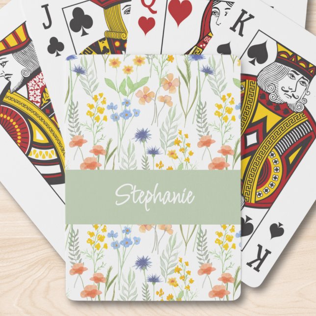 Green Orange Watercolor Wildflower Monogram Name Poker Cards (Creator Uploaded)