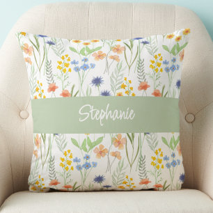 Green Orange Watercolor Wildflower Monogram Name Throw Pillow