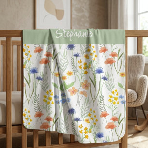 Green Orange Watercolor Wildflower Name Baby Blanket
