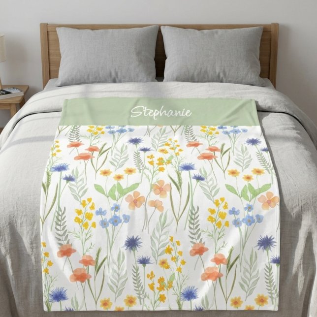 Green Orange Watercolor Wildflower Name Fleece Blanket (Creator Uploaded)