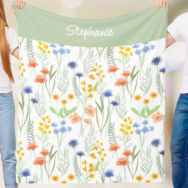 Green Orange Watercolor Wildflower Name Fleece Blanket (Creator Uploaded)