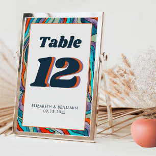 Green Orange Wavy Modern Retro Groovy Wedding Table Number