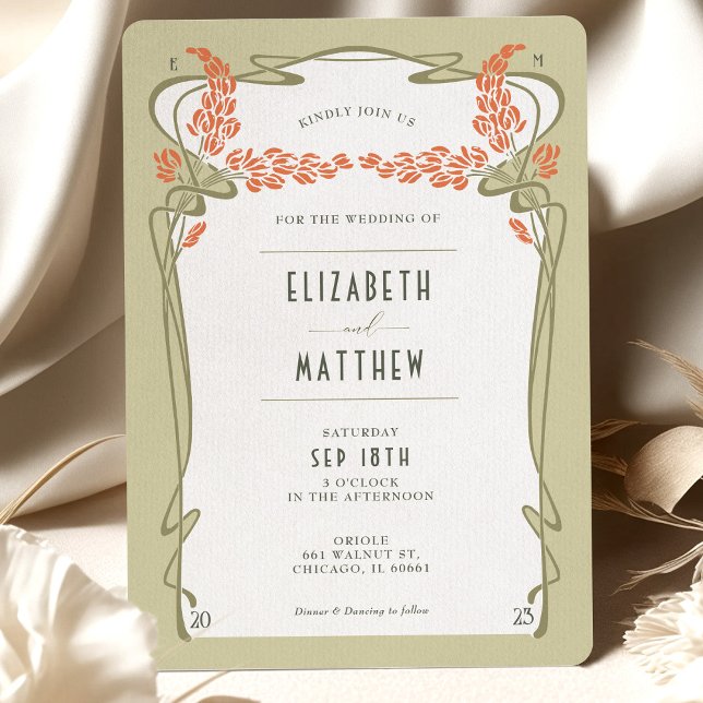 Green Orange Wedding Vintage Art Nouveau Invitation (Creator Uploaded)