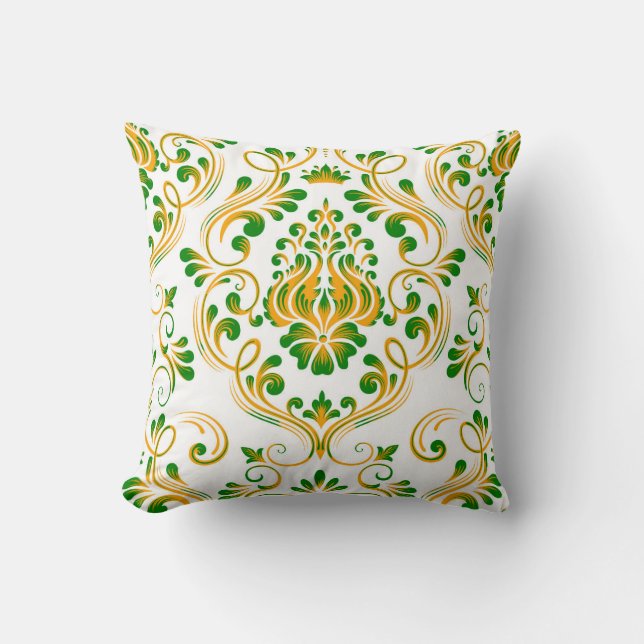 Green Orange White Damask Floral Pattern Elegant  Throw Pillow (Front)