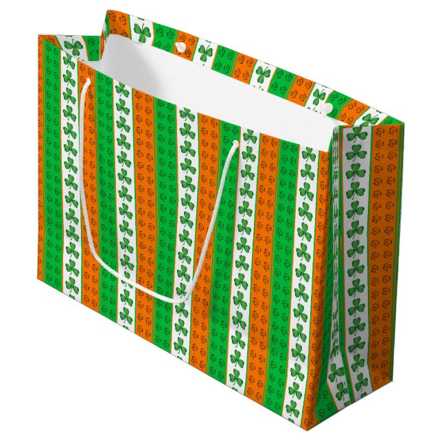 GREEN ORANGE WHITE IRISH CELTIC SHAMROCKS LARGE GIFT BAG (Front Angled)