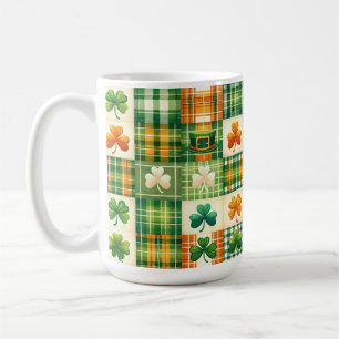 GREEN ORANGE WHITE IRISH PLAID PATCHWORK PATTERN COFFEE MUG