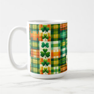 GREEN ORANGE WHITE IRISH PLAID PATCHWORK PATTERN COFFEE MUG