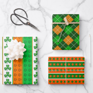 GREEN ORANGE WHITE IRISH SHAMROCKS STARS WRAPPING PAPER SHEETS