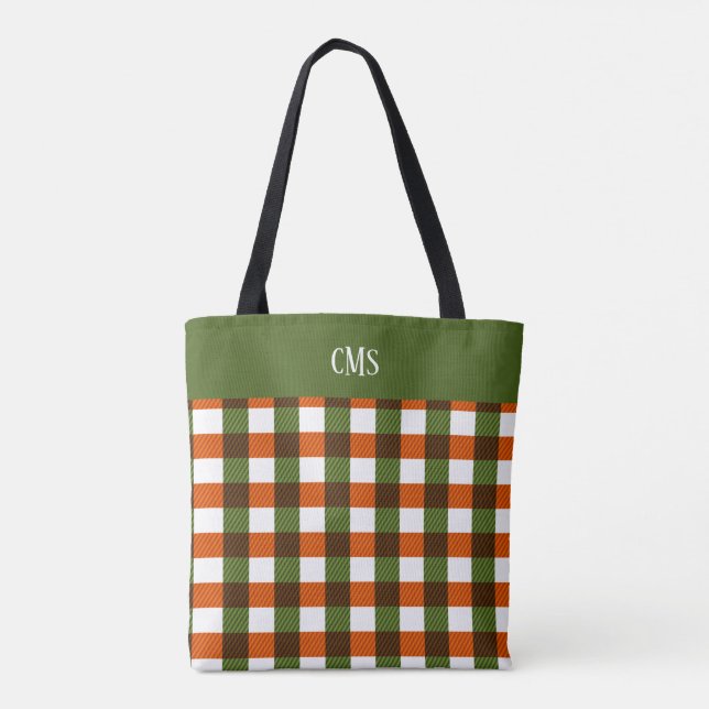 Green, Orange, White Plaid Monogram Tote Bag (Back)
