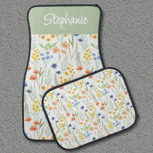 Green Orange Wildflower Watercolor Name Monogram Car Floor Mat