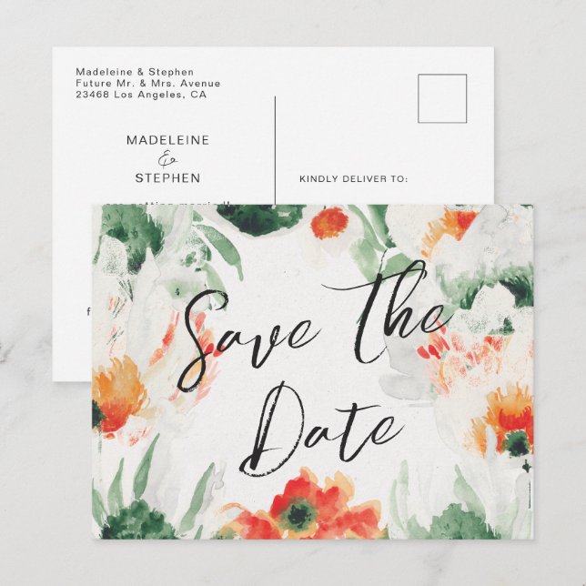 Green & orange Wildflowers floral Save the Date Announcement Postcard (Front/Back)