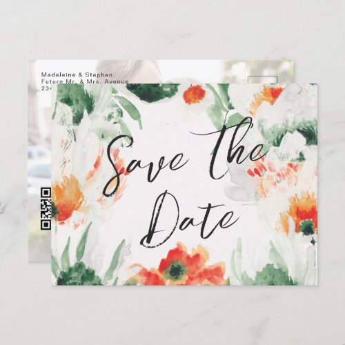 Green  orange Wildflowers QR Code Save the Date Announcement Postcard