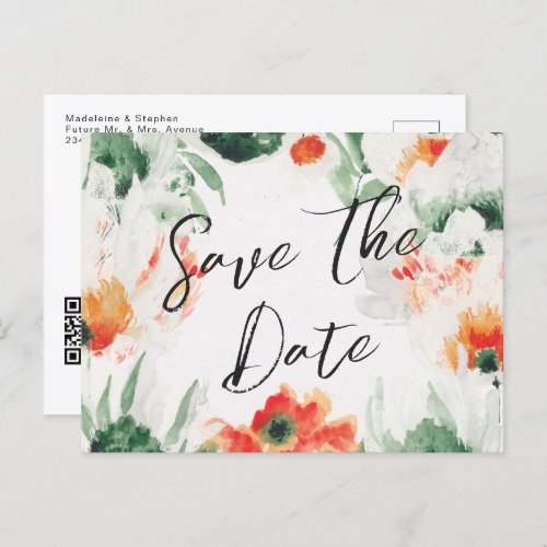 Green  orange Wildflowers QR Code Save the Date Announcement Postcard