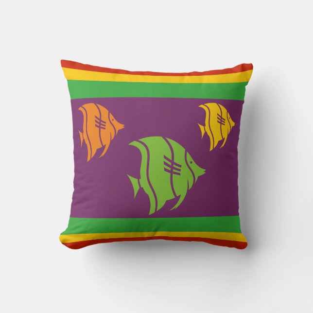 green, orange, yellow, and Green fish on white Throw Pillow (Front)